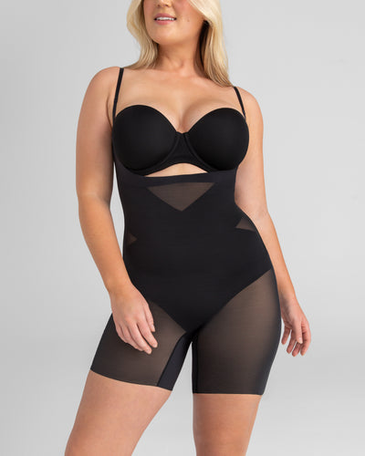 Open-Bust Mid-Thigh Bodysuit shown in Runway