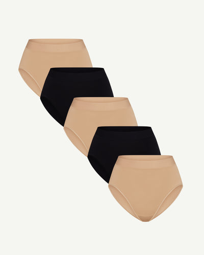 BlissWear High-Rise Brief 5-Pack shown in Sand / Midnight / Sand / Midnight / Sand