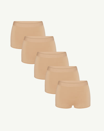 BlissWear High-Rise Boyshort 5-Pack shown in Sand/Sand/Sand/Sand/Sand