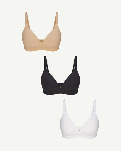 CloudEmbrace Bra Triple Bundle shown in Sand / Vamp / Astral